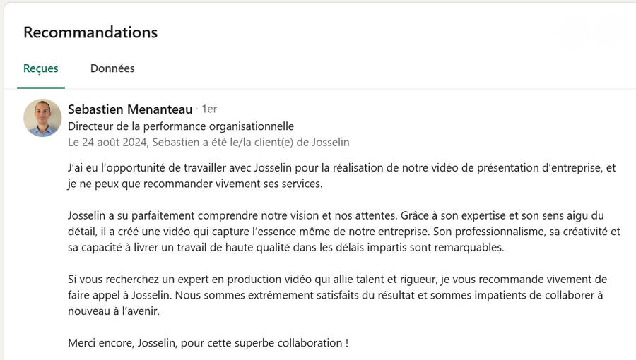 Recommandation vidéaste sur LinkedIn